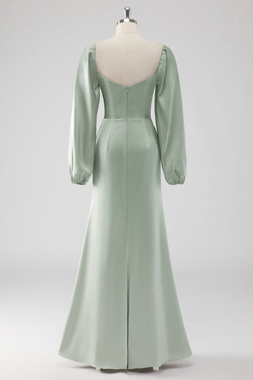 Sage Green Off the Shoulder A Line Long Bridesmaid Dress with Puff Sleeves